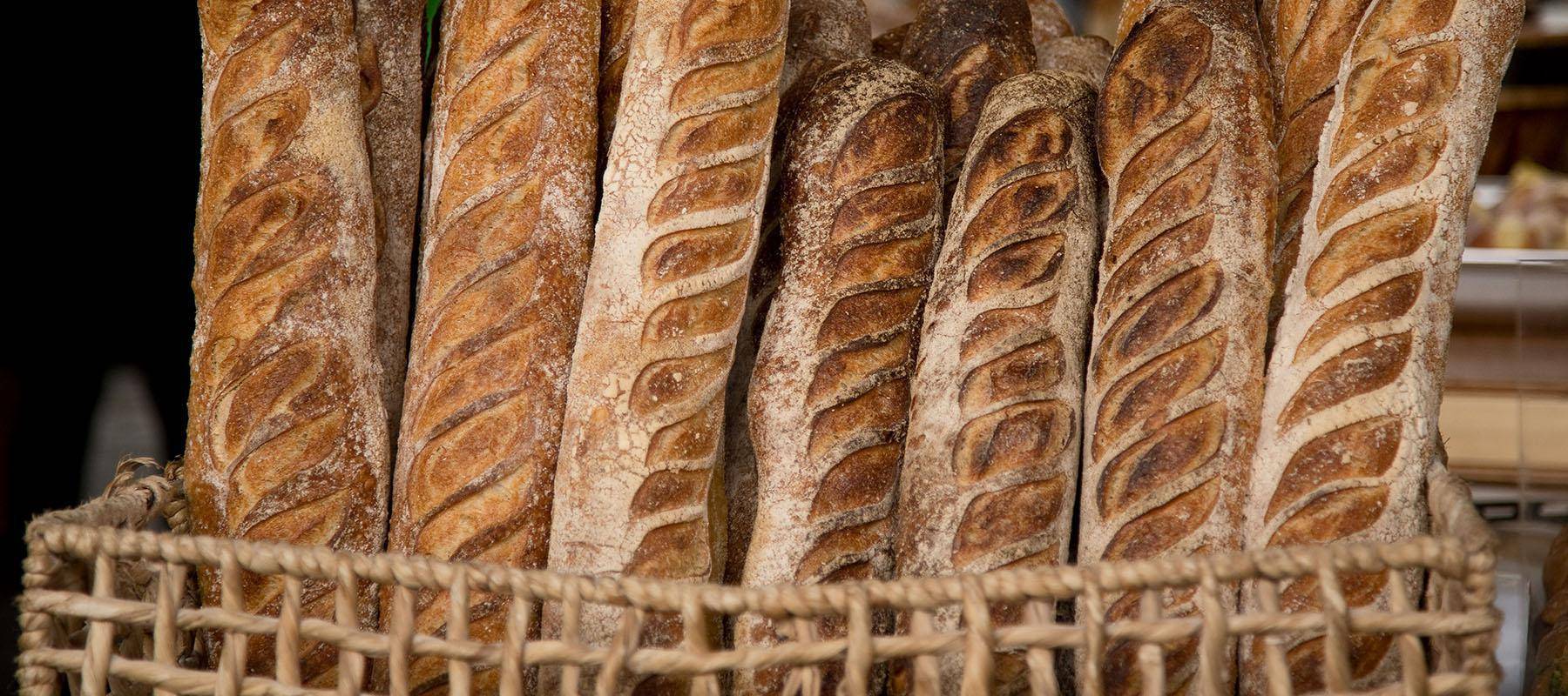 Una fila de baguettes recién horneadas